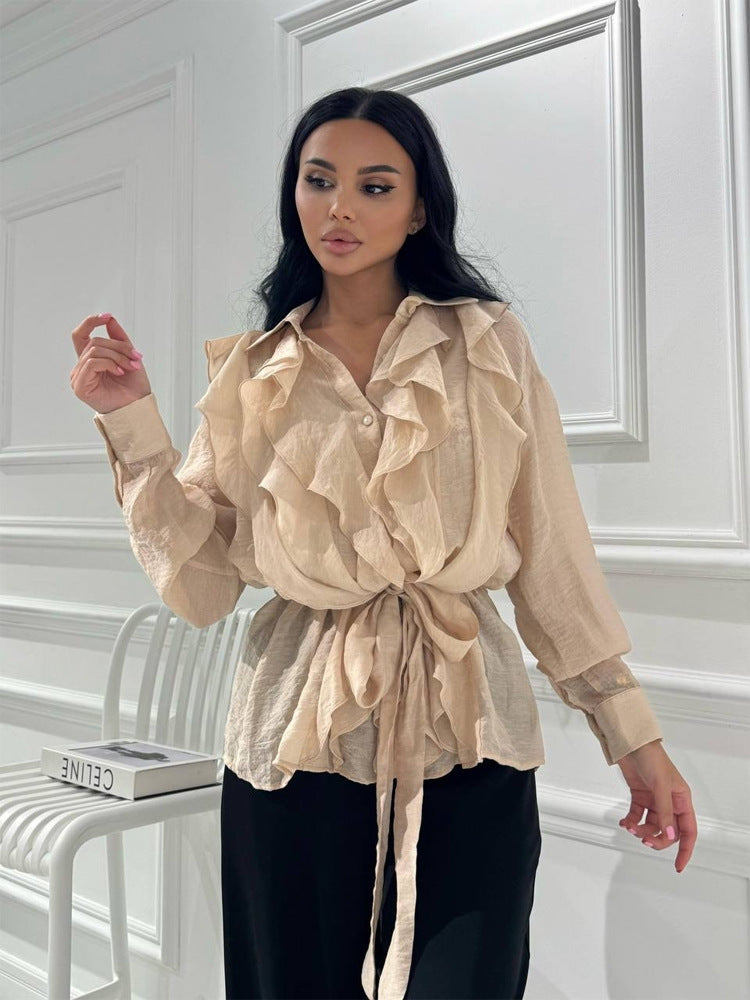 Damen Rüschige Chiffon‑Bluse mit Bindegürtel und Volants Echoarchiv