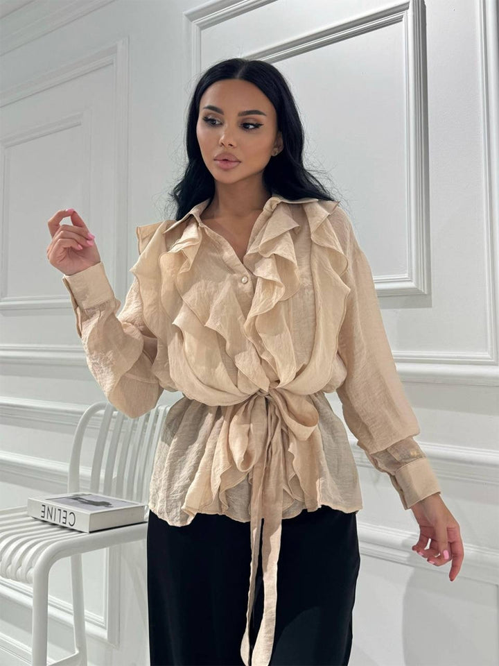 Damen Rüschige Chiffon‑Bluse mit Bindegürtel und Volants Echoarchiv