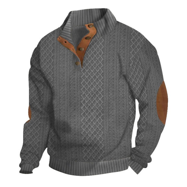 Herren nan grobstrickpullover mit Stehkragen, Knopfleiste und Ellbogenpatches Echo Archiv