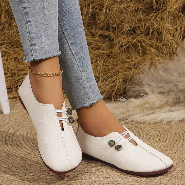 Damen Vintage-inspirierte Lederoptik Ballerinas mit quadratischer Zehenpartie und Zierknöpfen – Lioré