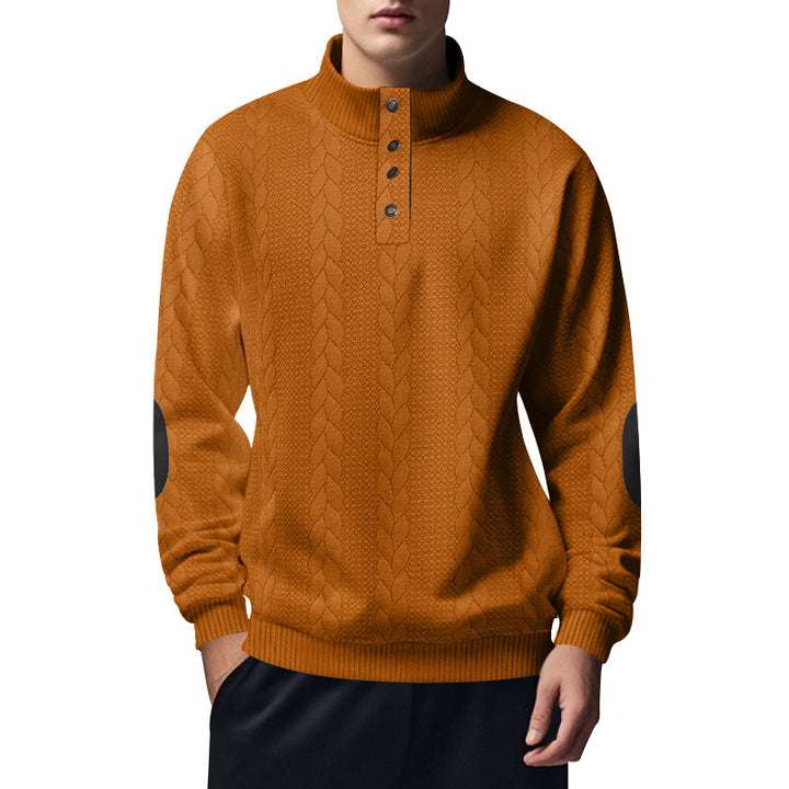 Herren nan strukturiertes Kabelstrick-Henley-Pullover mit Stehkragen und Ellbogenpatches Echo Archiv