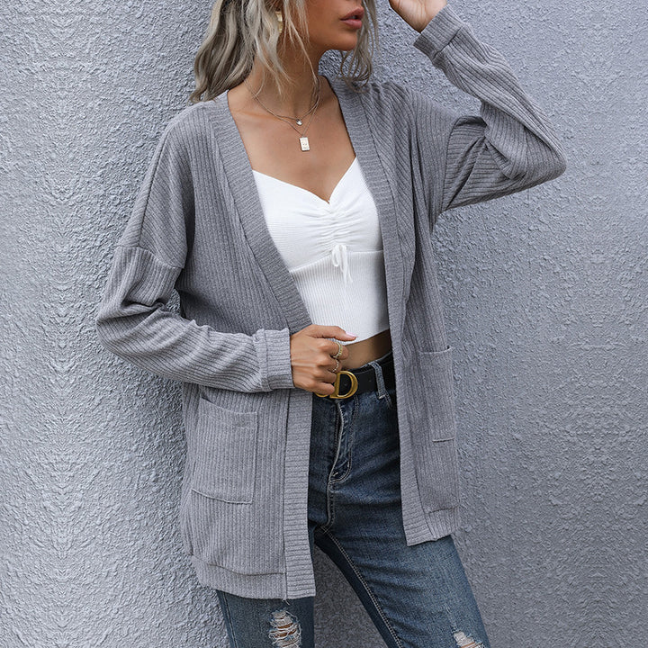 Damen lässiger gerippter Strickcardigan mit Taschen und offenem Schnitt Echoarchiv