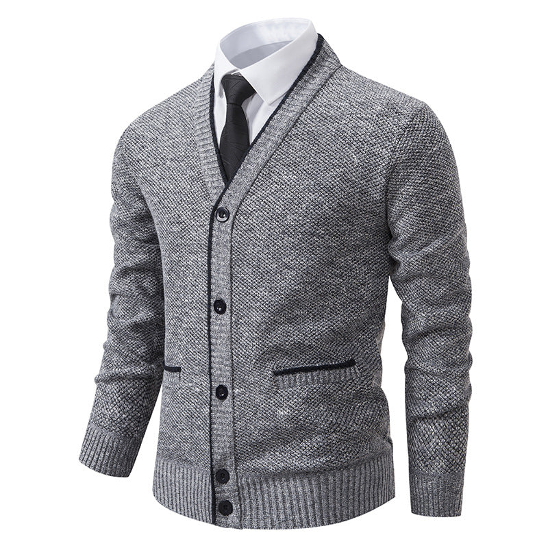 Herren nan melierter Strukturstrick-Cardigan mit V-Ausschnitt, Kontrastkanten und aufgesetzten Taschen Echo Archiv