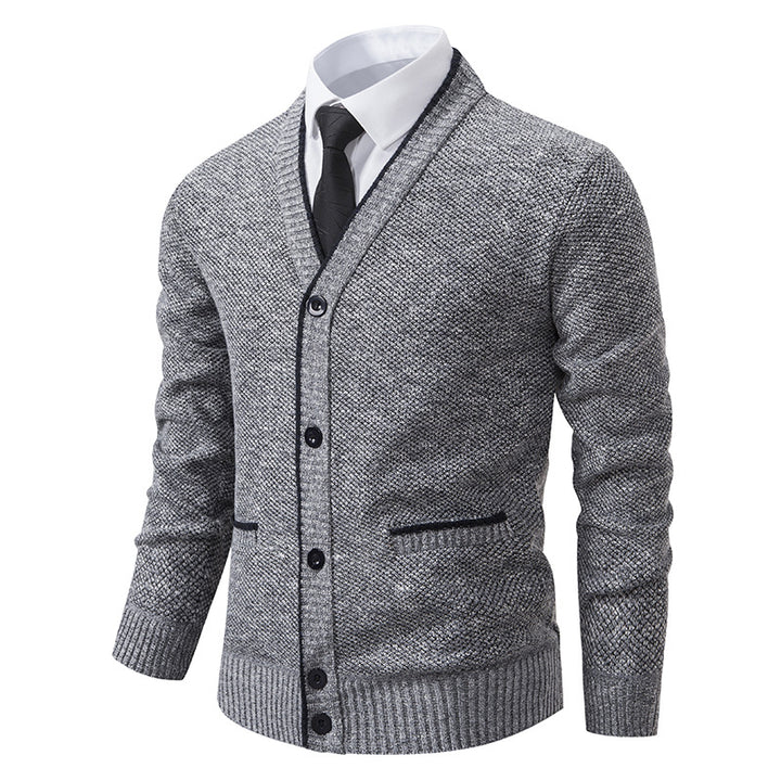 Herren nan melierter Strukturstrick-Cardigan mit V-Ausschnitt, Kontrastkanten und aufgesetzten Taschen Echo Archiv
