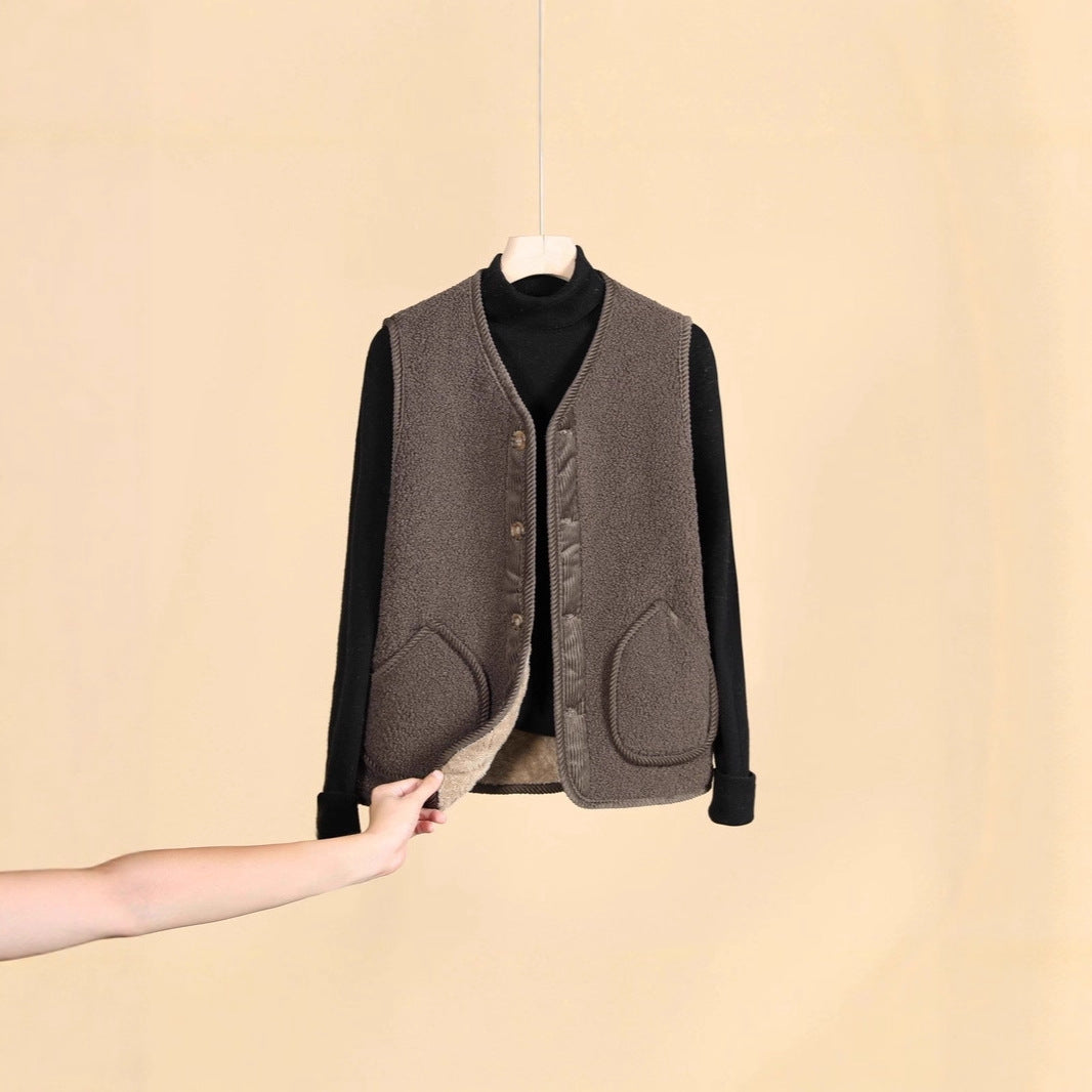 Damen Ärmellose Thermofleece-Weste mit Knopfleiste und Rundtaschen – Avérine