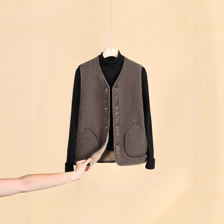 Damen Ärmellose Thermofleece-Weste mit Knopfleiste und Rundtaschen – Avérine