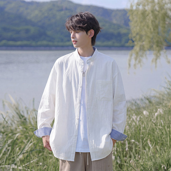 Herren Oversize-Hemd aus leichtem Baumwollmix mit Mandarinkragen und Brusttasche – Arvello