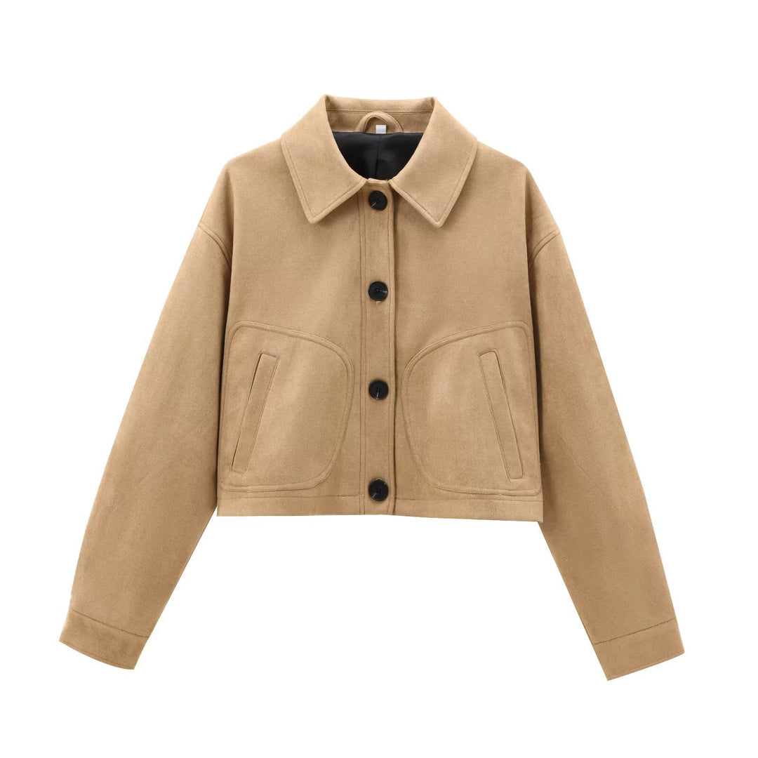 Damen Cropped-Boxy-Übergangsjacke in Veloursoptik mit Hemdkragen und aufgesetzten Taschen Echoarchiv
