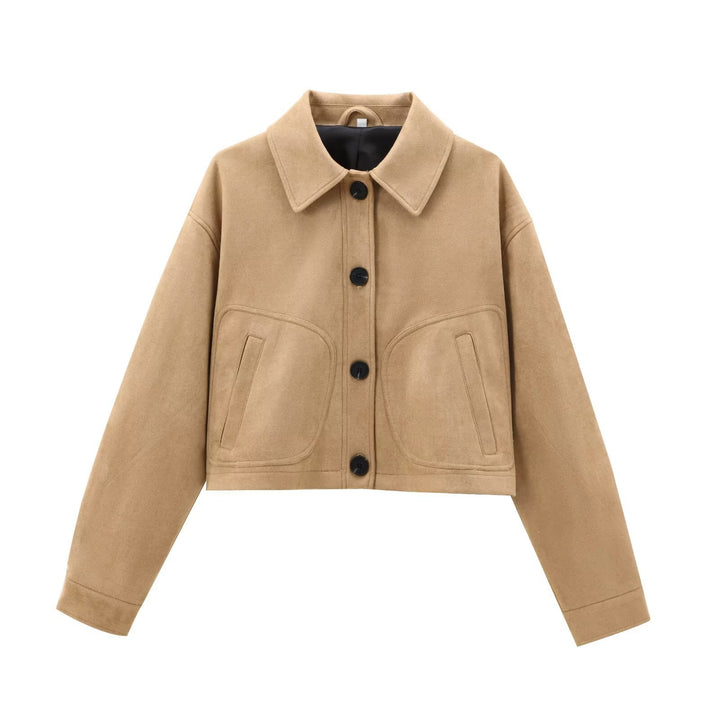 Damen Cropped-Boxy-Übergangsjacke in Veloursoptik mit Hemdkragen und aufgesetzten Taschen Echoarchiv