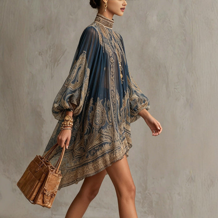 Damen Ätherisches Chiffon Tunika Kleid mit Hohem Stehkragen und Ballonärmeln – Élara
