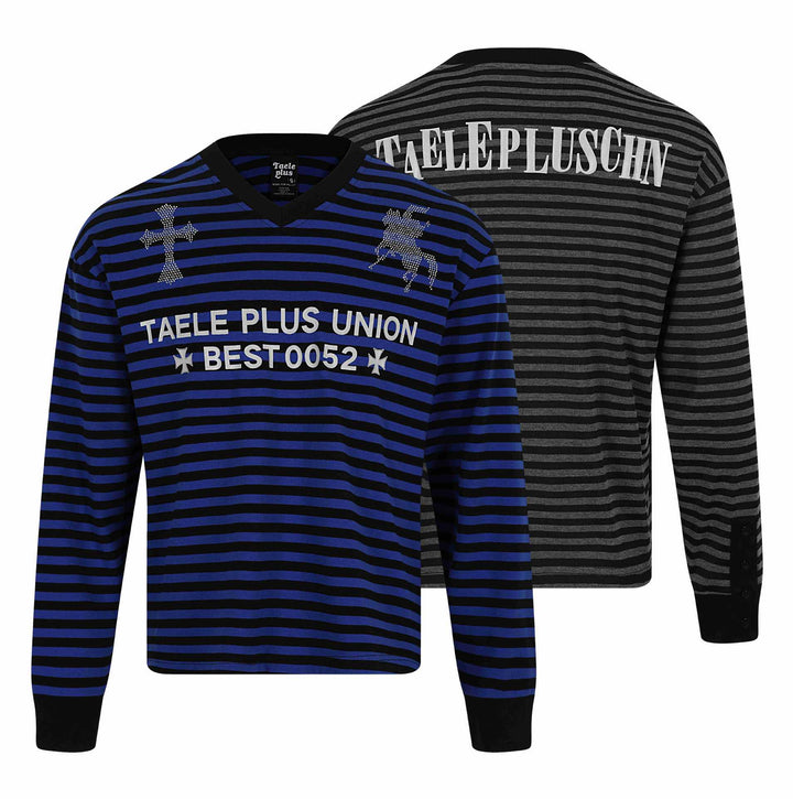 Unisex Gestreifter Langarm-Pullover mit V-Ausschnitt und Strassapplikationen Echoarchiv