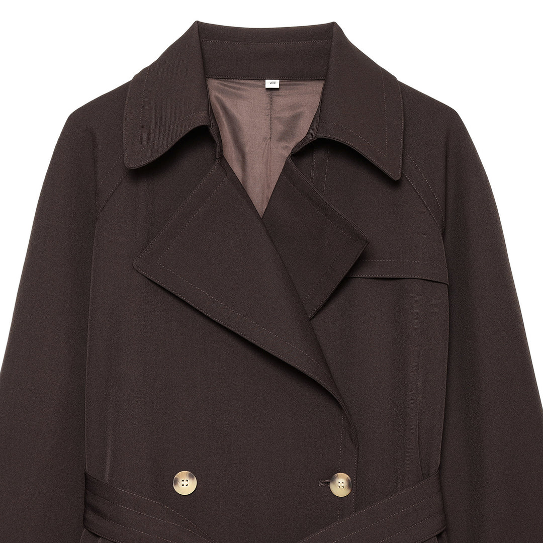 Damen Midilanger Doppelreihiger Trenchcoat mit breitem Revers und Taillenbindegürtel Echoarchiv