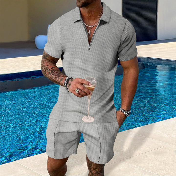 Herren lässiges Polo- und Shorts-Set mit Reißverschluss und strukturierter Oberfläche Echoarchiv