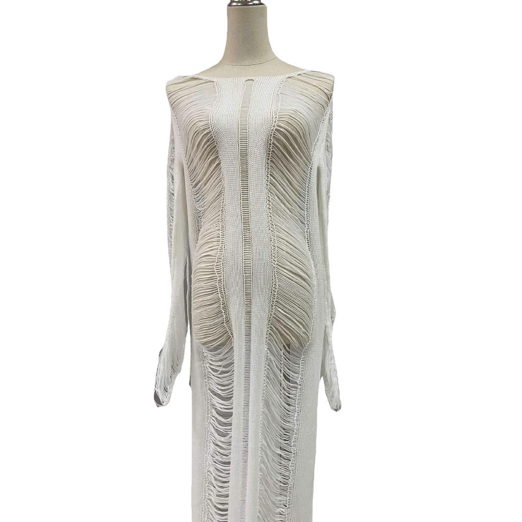 Damen elegantes Strandkleid mit raffinierten Fransen und transparenten Elementen Echo Archiv
