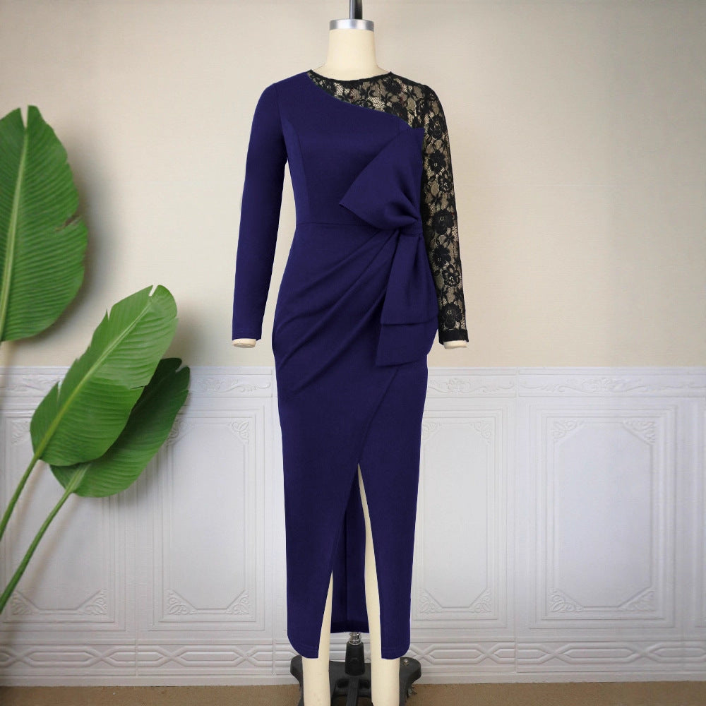 Damen elegantes Etuikleid mit aufwendigem Spitzenärmel und drapiertem Saum Echo Archiv