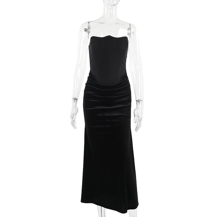 Damen elegantes A-Linien-Maxikleid mit gerafftem Oberteil und trägerlosem Design Echo Archiv