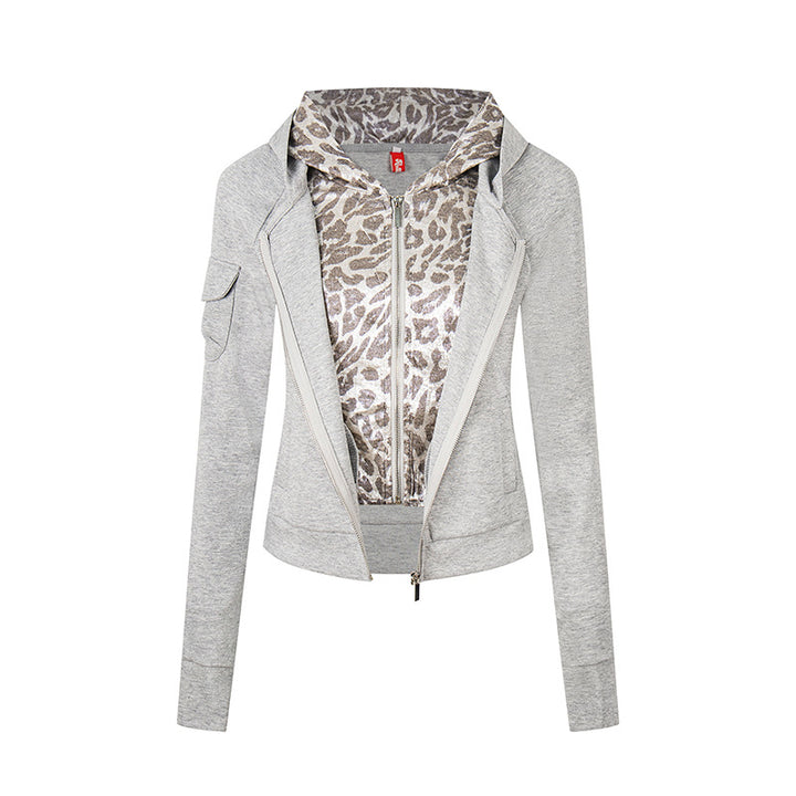 Damen Lagenlook-Zip-Hoodie mit metallischem Leoparden-Innenfutter und schmaler Silhouette Echoarchiv