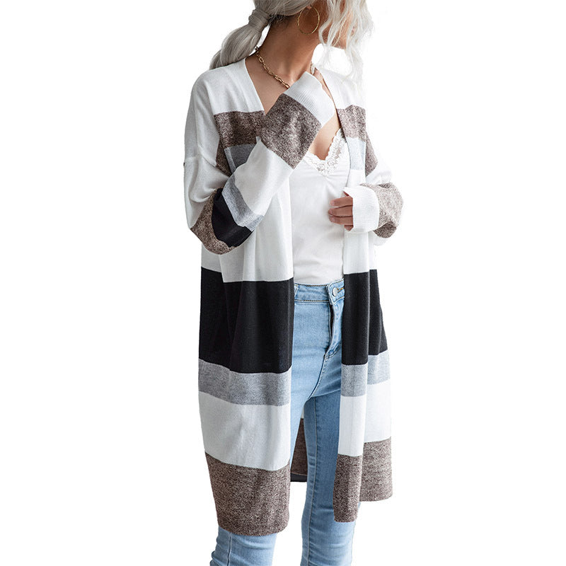 Damen Langer Offener Strickcardigan mit Blockstreifen, Leichtem Fall und Eingrifftaschen Echoarchiv