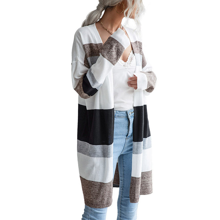 Damen Langer Offener Strickcardigan mit Blockstreifen, Leichtem Fall und Eingrifftaschen Echoarchiv