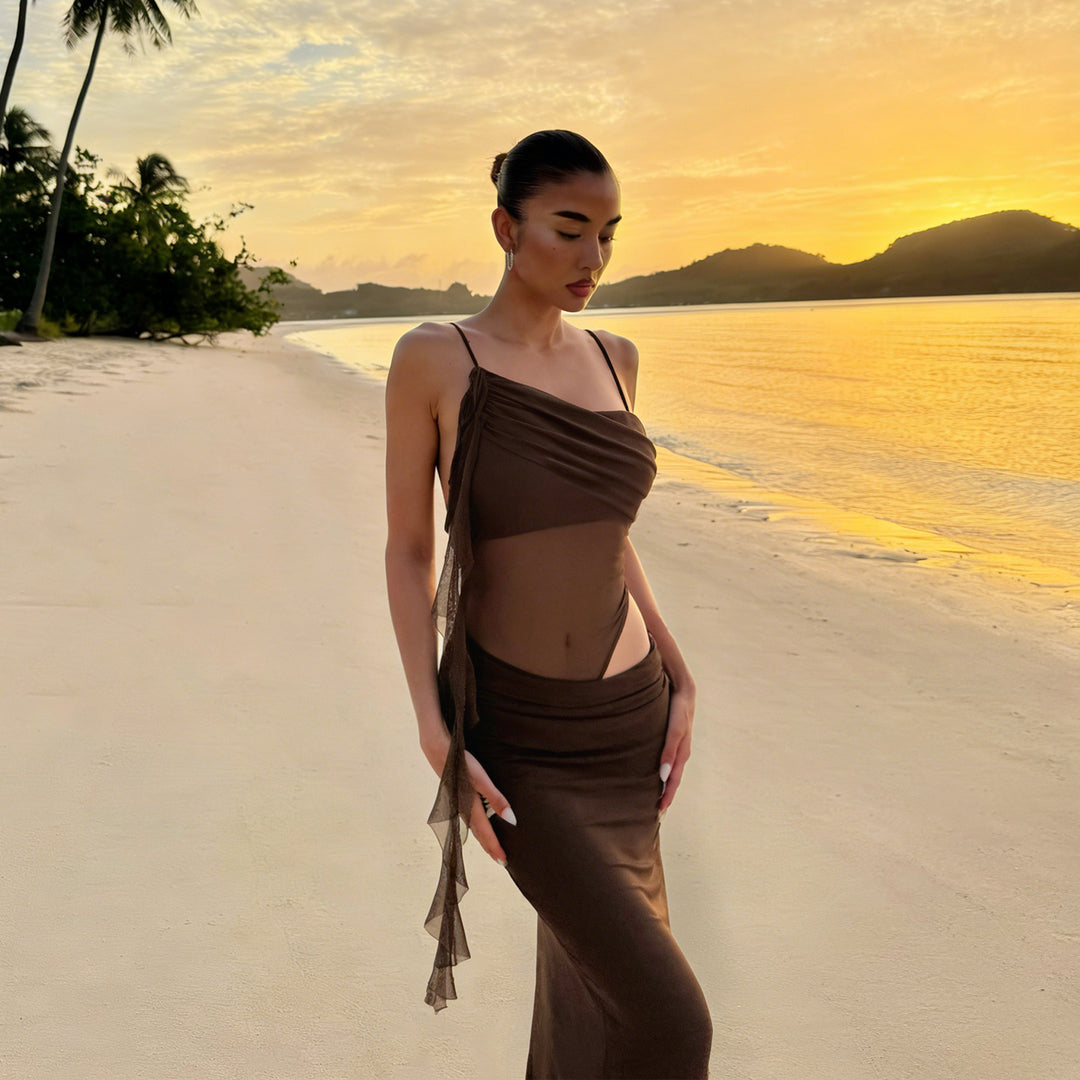 Damen elegantes Abendkleid mit raffinierten Rüschendetails und transparenten Einsätzen Echo Archiv