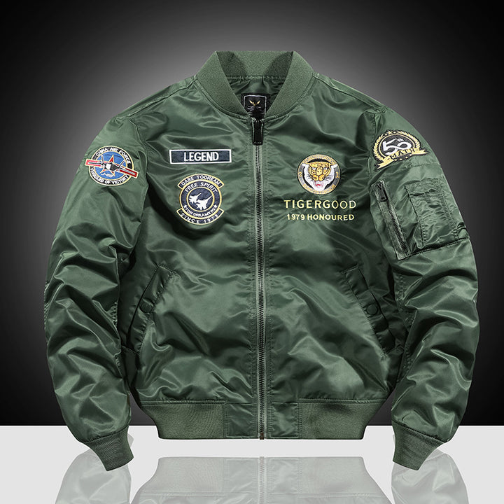Herren bestickte Nylon-Flightjacke mit großflächigem Tiger- und Motorradmotiv Echoarchiv