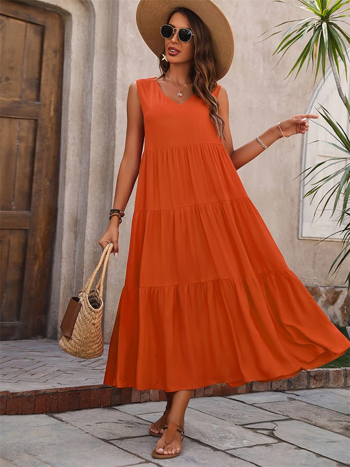 Damen Elegantes Sommer-Maxi-Kleid mit voluminösem Rock und V-Ausschnitt Echo Archiv
