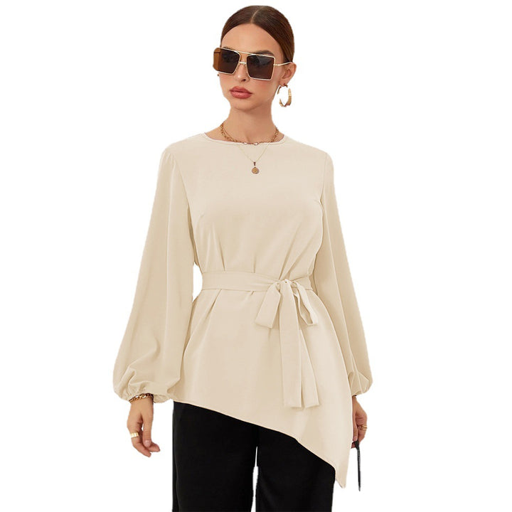 Damen asymmetrische Tunika-Bluse mit Ballonärmeln und Taillengürtel – Élovi