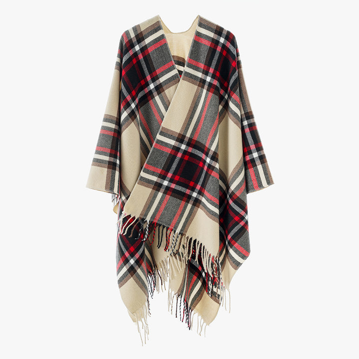 Damen Karierter Oversize-Überwurfponcho mit V-Ausschnitt und Fransensaum – Avérine