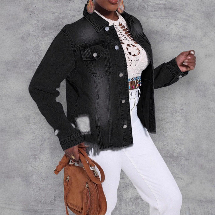 Damen Distressed Denimjacke mit ausgefranstem Saum und Relaxed-Fit Echo Archiv