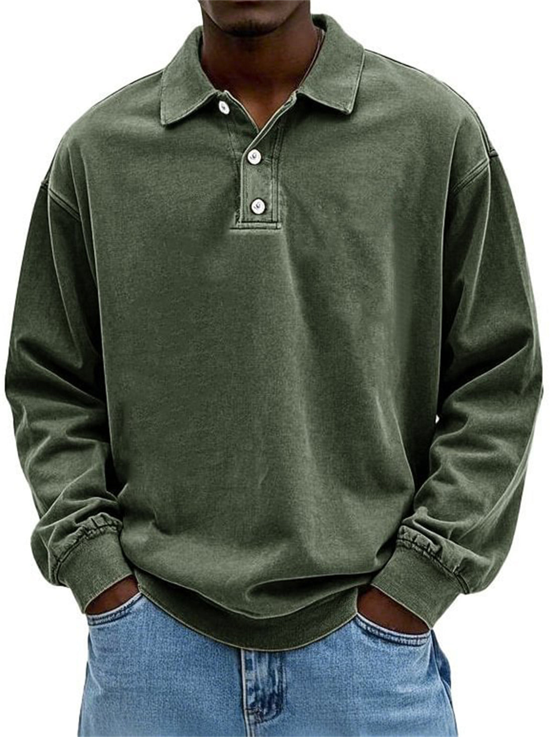 Herren Oversize Denim-Look Polo-Sweatshirt mit kurzer Knopfleiste und elastischen Bündchen EB – Norvane