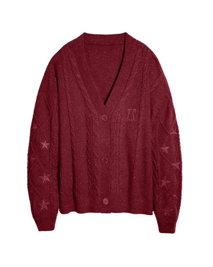 Damen nan großzügiger Grobstrick-Cardigan mit Zopfmuster, V-Ausschnitt und Sternstickereien Echo Archiv