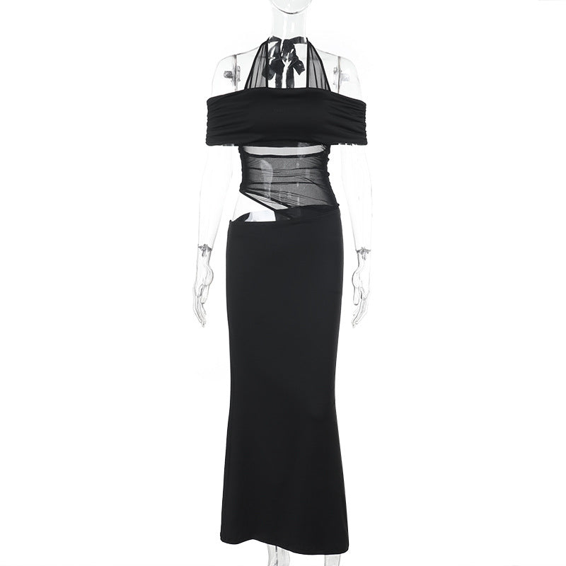Damen schulterfreies, elegantes Maxikleid mit transparenten Einsätzen und Rüschendetails Echo Archiv