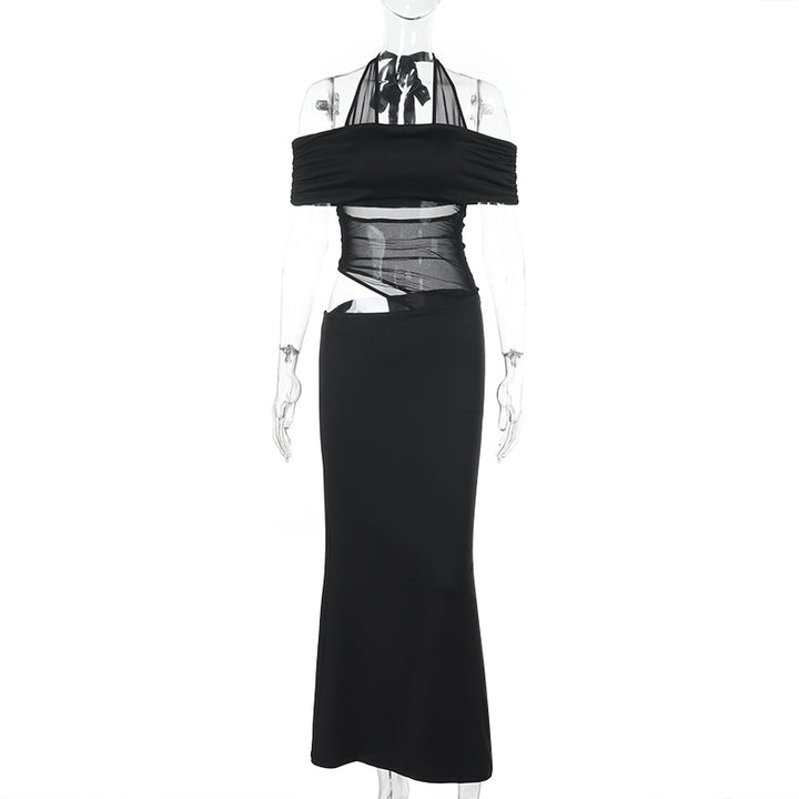 Damen schulterfreies, elegantes Maxikleid mit transparenten Einsätzen und Rüschendetails Echo Archiv