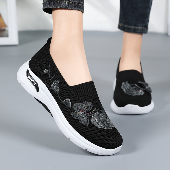 Damen nan gestrickter Slip-On Slipper mit 3D-Blumenstickerei und ergonomischer Komfort-Zwischensohle Echo Archiv