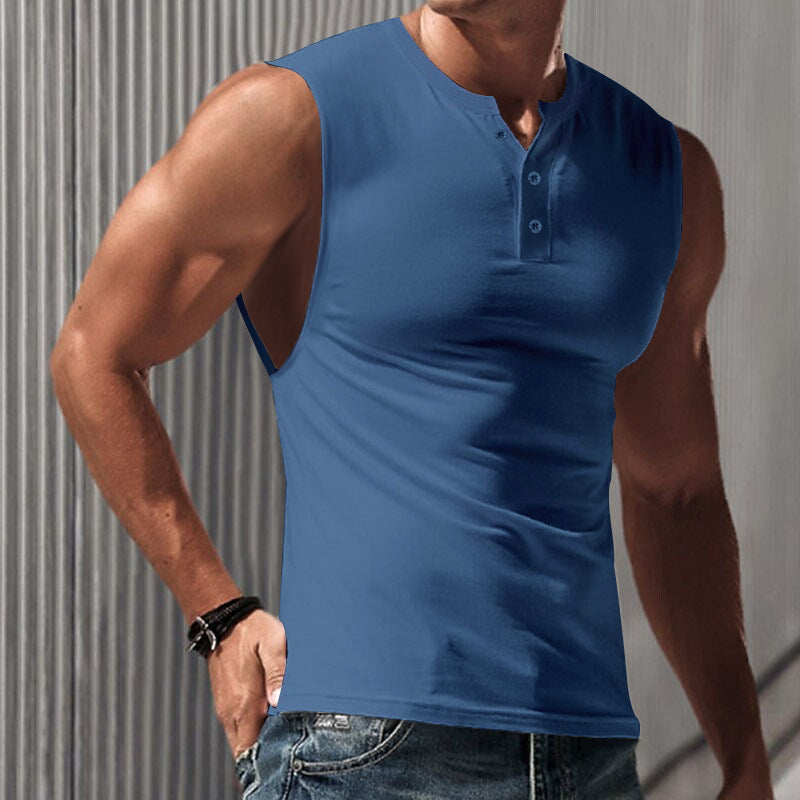 Herren nan ärmelloses Muskelshirt mit Henley-Knopfleiste, tiefem Armausschnitt und elastischem Baumwollmix Echo Archiv