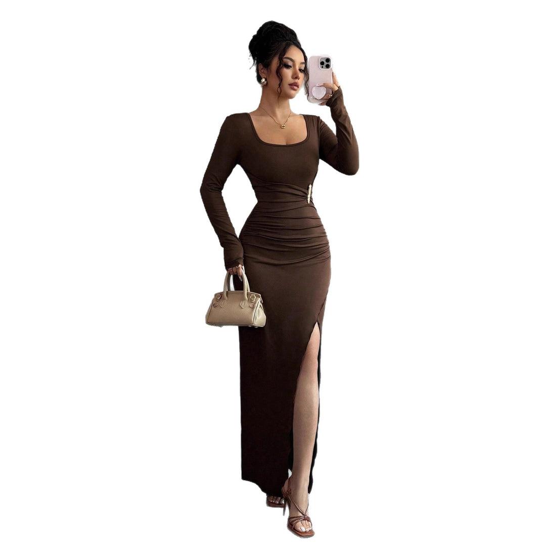 Damen nan körpernahes Maxikleid mit Quadratausschnitt, taillierter Raffung und hohem Seitenschlitz Echo Archiv