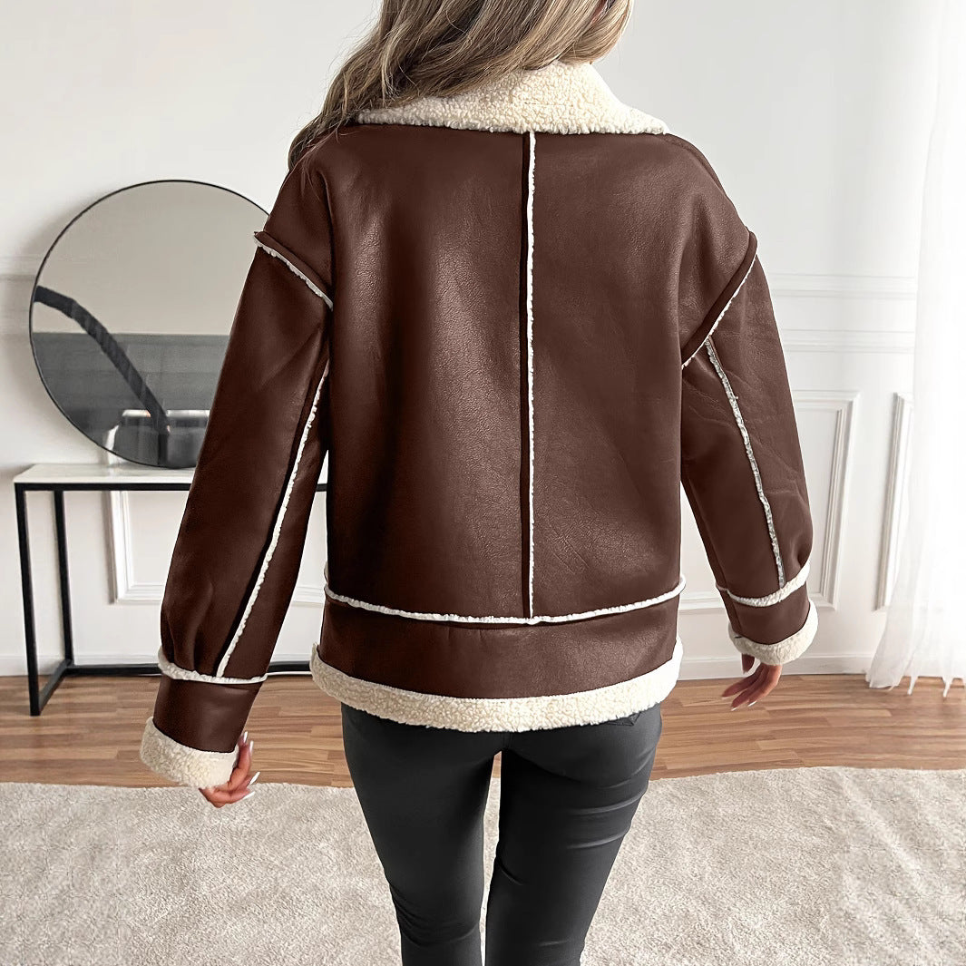 Damen Modische Kunstlederjacke mit Teddyfutter – Célinea