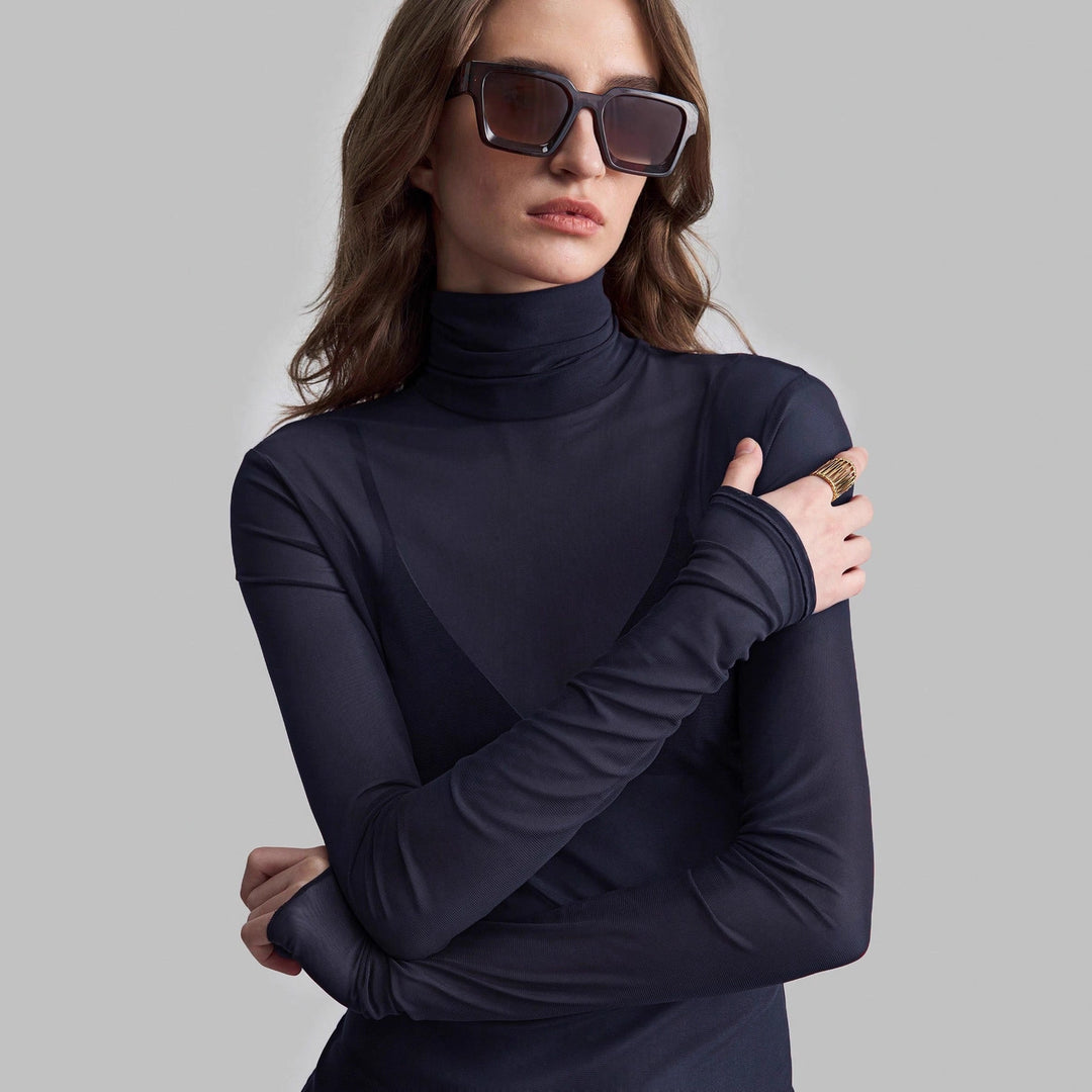 Damen nan feines transparentes Mesh-Langarmtop mit Rollkragen und figurbetonter Passform Echo Archiv