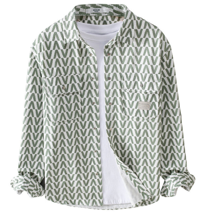 Herren Gemustertes Overshirt aus Baumwollmix mit geometrischem V‑Muster, aufgesetzten Brusttaschen und Relaxed‑Fit Echoarchiv
