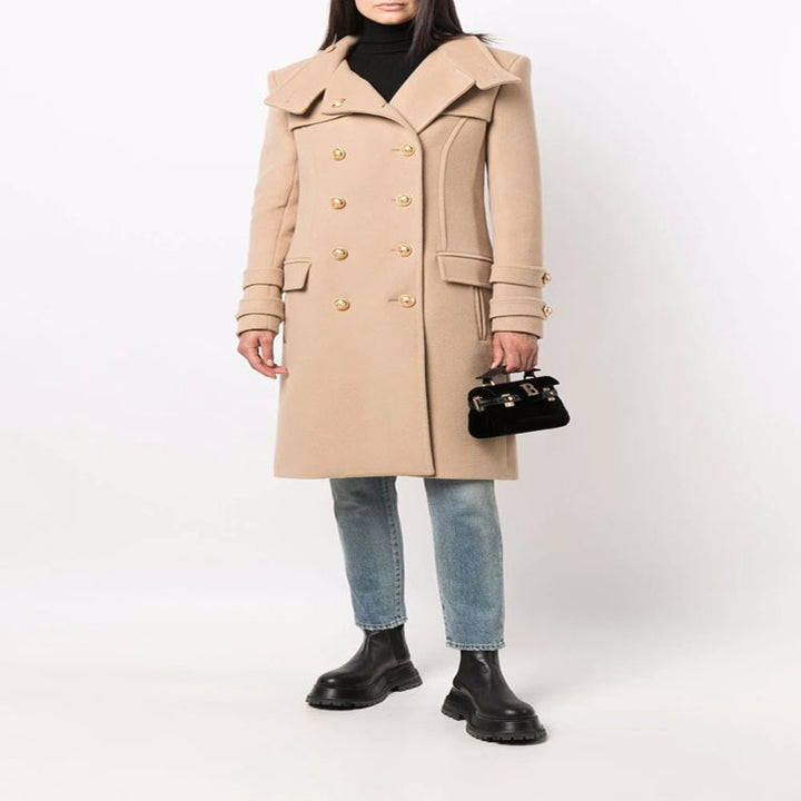 Damen Eleganter Wollmix-Longcoat im Marineinspirierten Doppelreiher mit Oversized-Schalkragen und Zierärmeln Echoarchiv