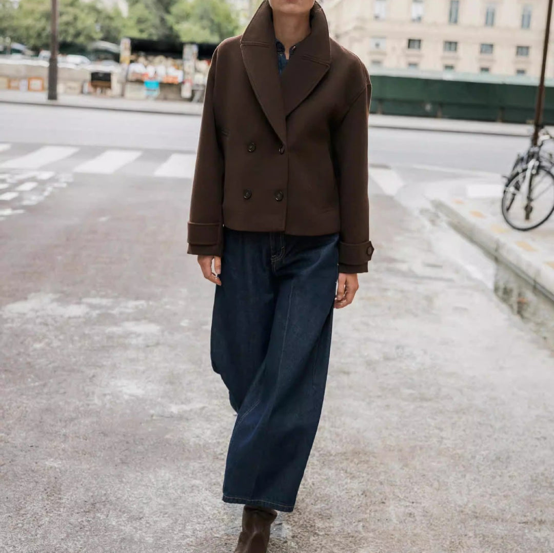 Damen Kurze doppeltreihige Boxy-Manteljacke mit weitem Revers Echoarchiv