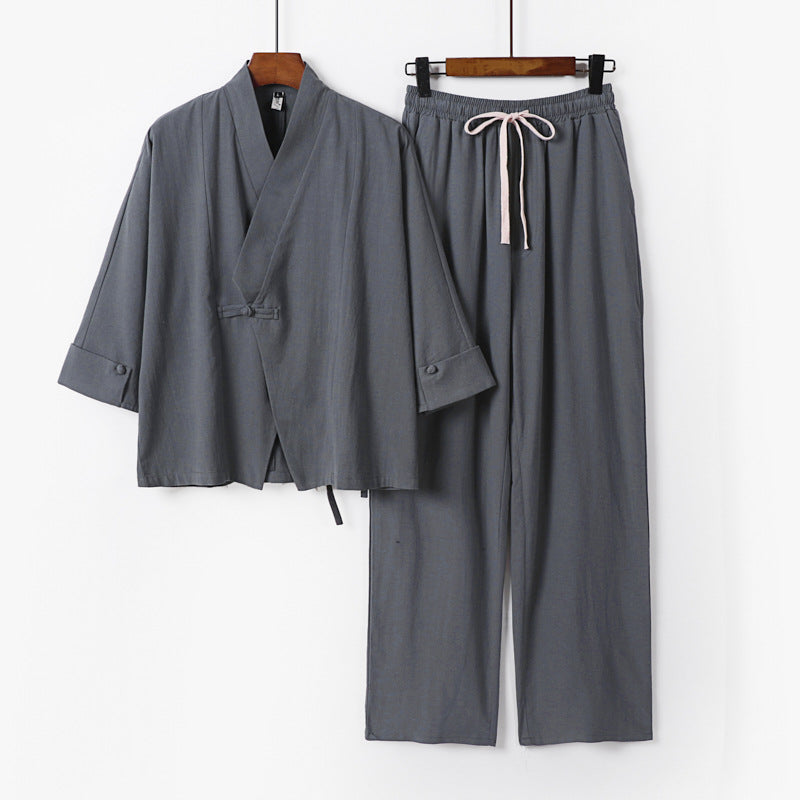 Unisex Leichtes Zen-Lounge-Set im Kimono-Stil mit überschnittener Schulter verdeckter Knotenleiste und elastischer Tunnelzughose Echoarchiv