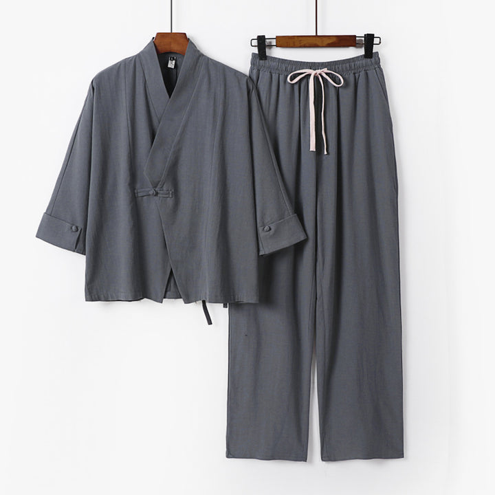 Unisex Leichtes Zen-Lounge-Set im Kimono-Stil mit überschnittener Schulter verdeckter Knotenleiste und elastischer Tunnelzughose Echoarchiv