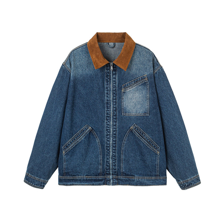 Damen Oversize-Denimjacke mit Velourslederkragen, verdecktem Reißverschluss und markanten Einstecktaschen Echoarchiv
