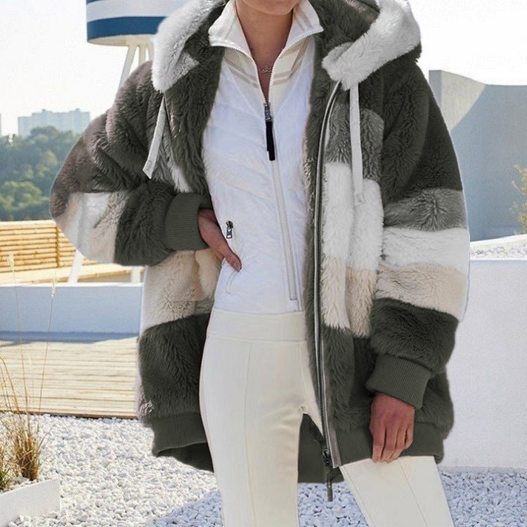 Damen nan Oversize Teddyfell-Kapuzenjacke mit Farbblock-Streifen, hochwertigem Reißverschluss und gerippten Bündchen Echo Archiv