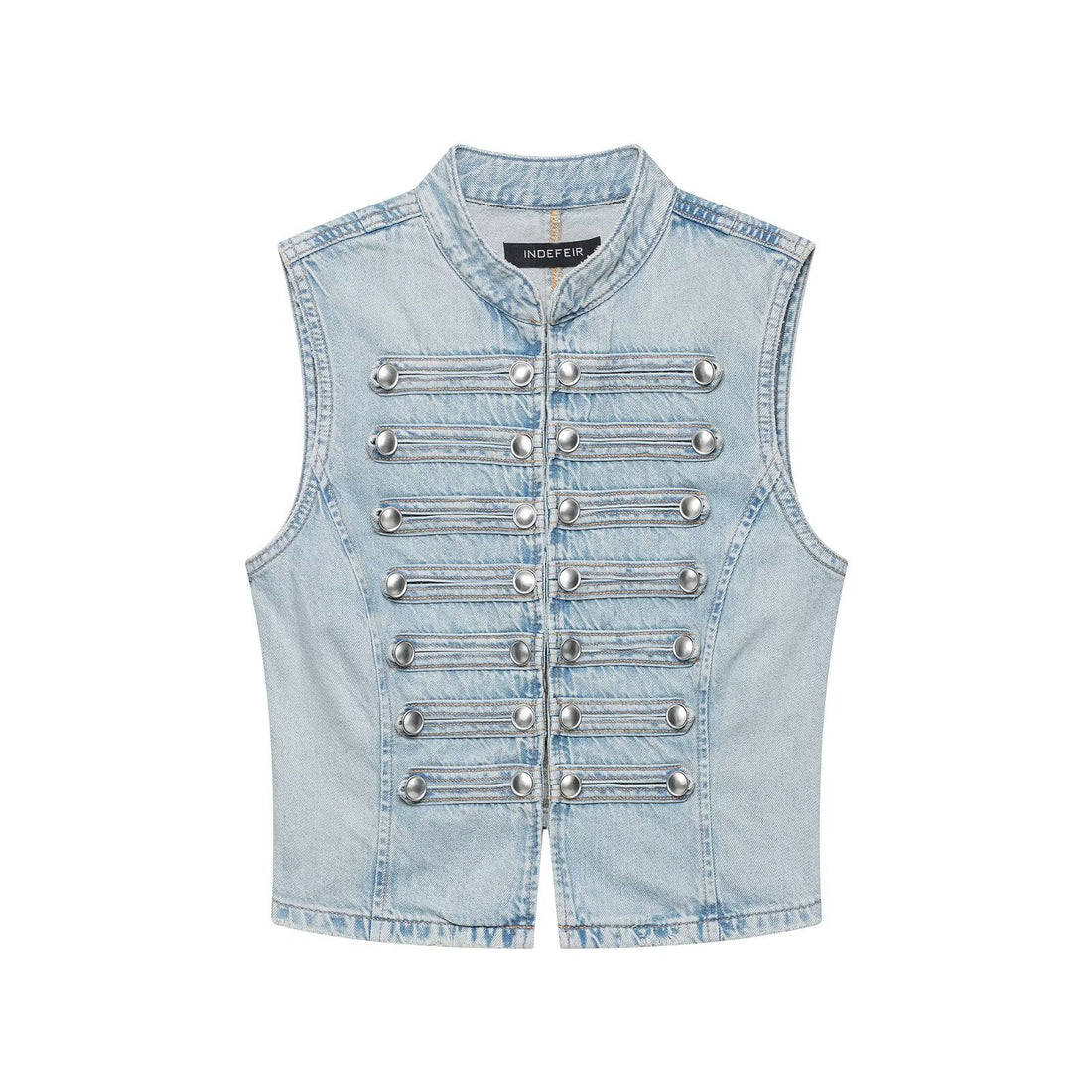 Damen Jeansweste im Military-Look mit Stehkragen und dekorativer Druckknopfleiste Echoarchiv
