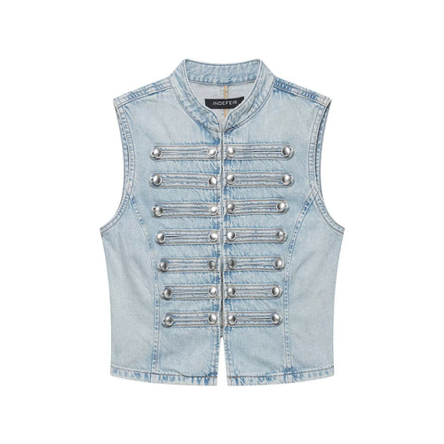Damen Jeansweste im Military-Look mit Stehkragen und dekorativer Druckknopfleiste Echoarchiv