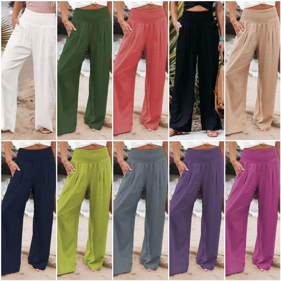 Damen weite Leinenhose mit elastischem Bund und Falten Echoarchiv