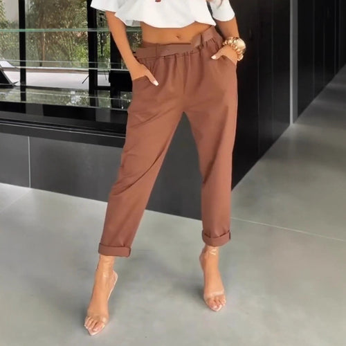 Damen nan hochtaillierte Paperbag-Hose mit gerafftem Bund, Eingrifftaschen und gekrempeltem Saum Echo Archiv