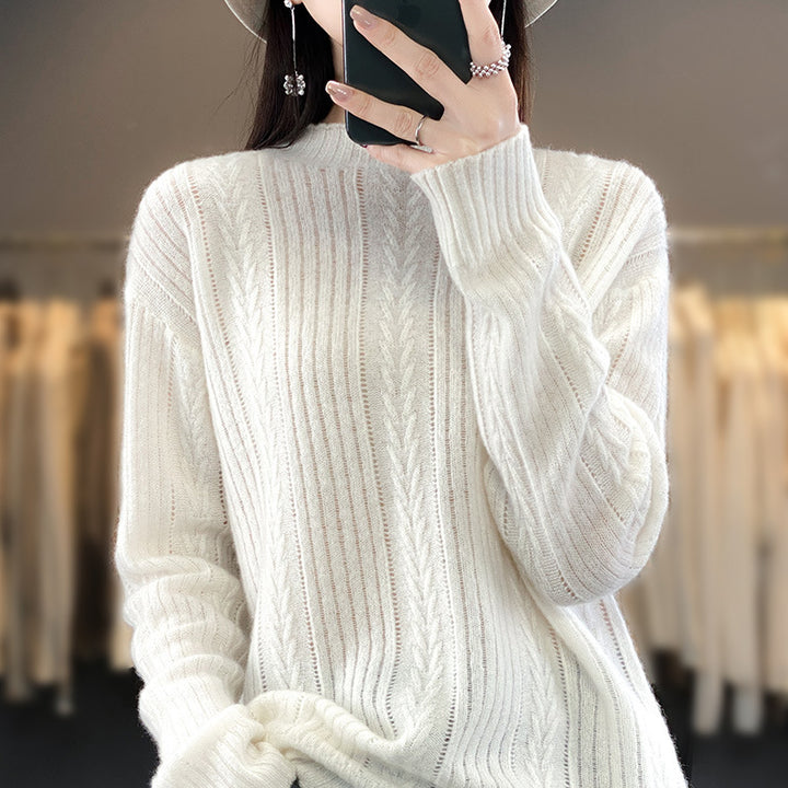 Damen Kaschmirähnlicher Feinstrick-Mockneckpullover mit Ajour‑Zopfmuster und lässiger Oversize‑Passform Echoarchiv